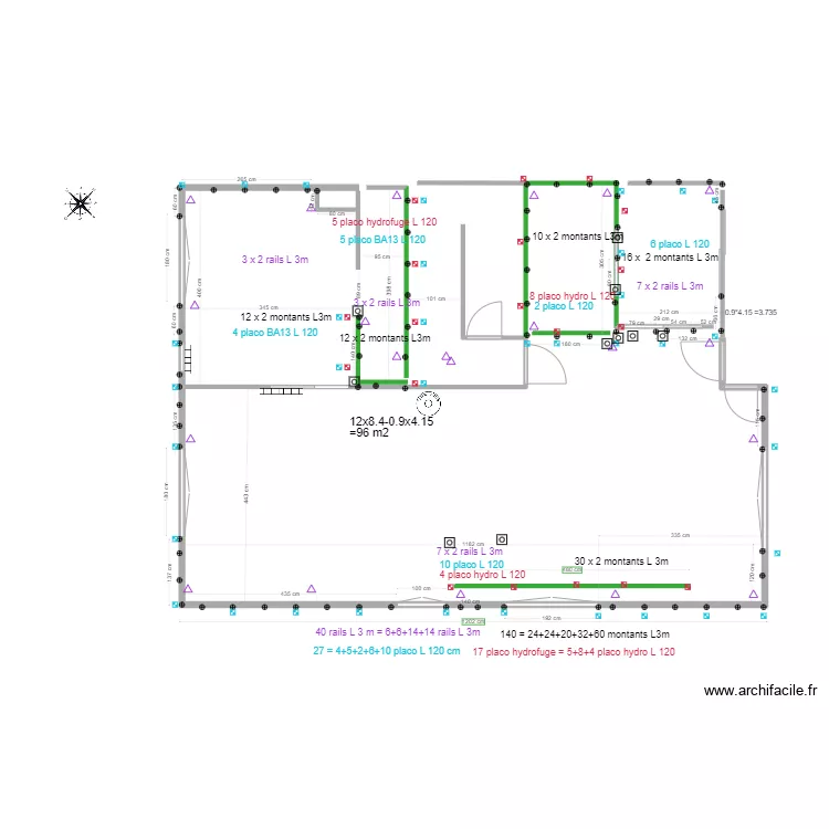 Calcul Placo rdc maison Thomery 2 sdd. Plan de Calcul Placo rdc maison Thomery 2 sdd. Plan de
