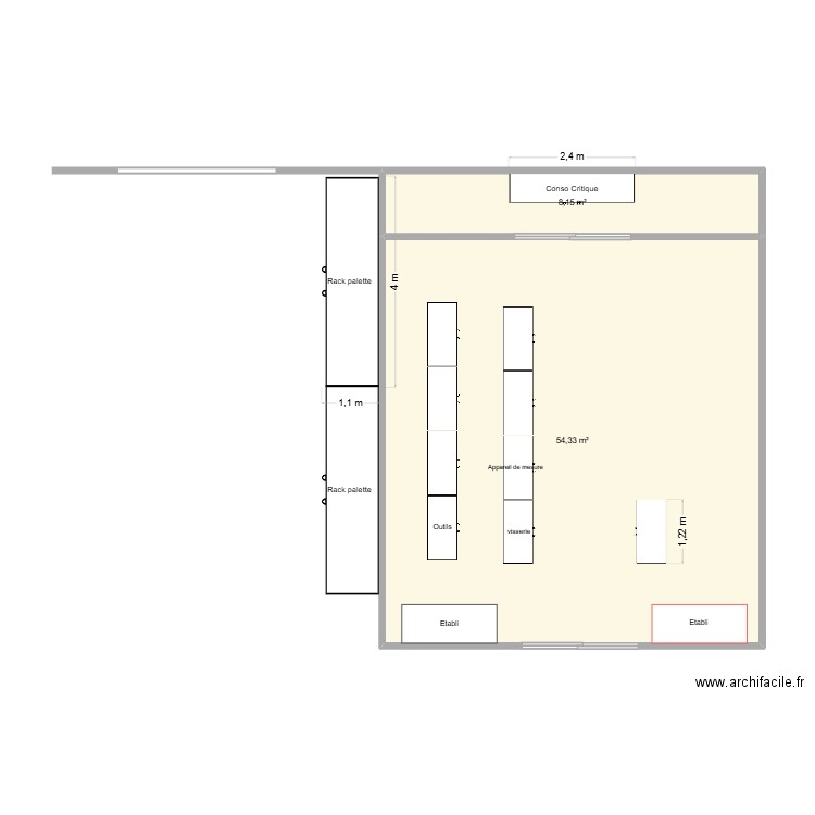 magasin. Plan de 2 pièces et 62 m2
