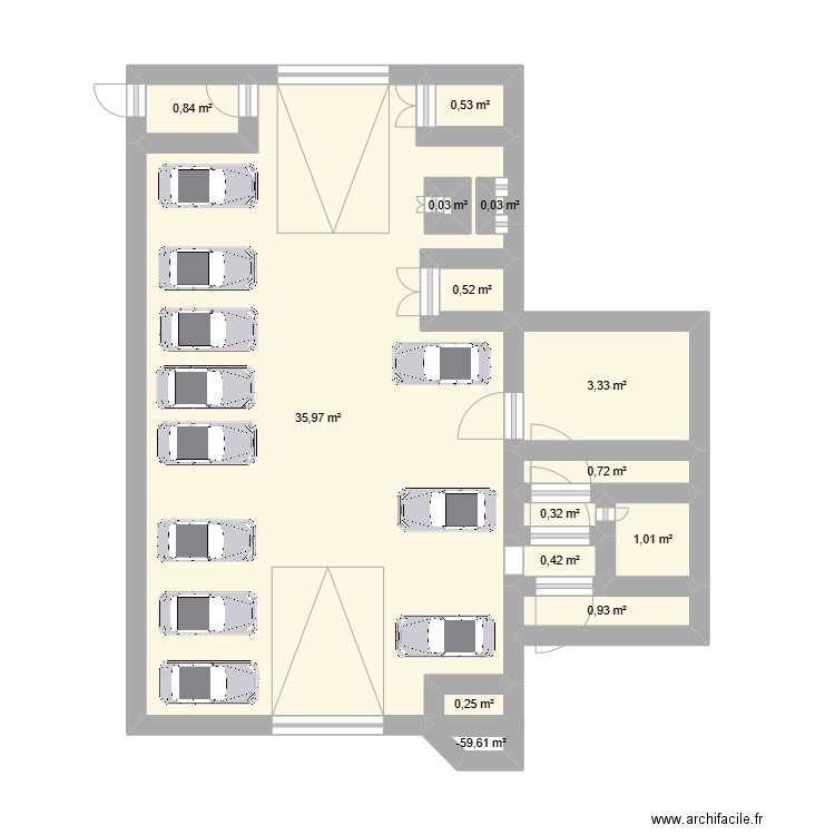 garage. Plan de 14 pièces et 45 m2