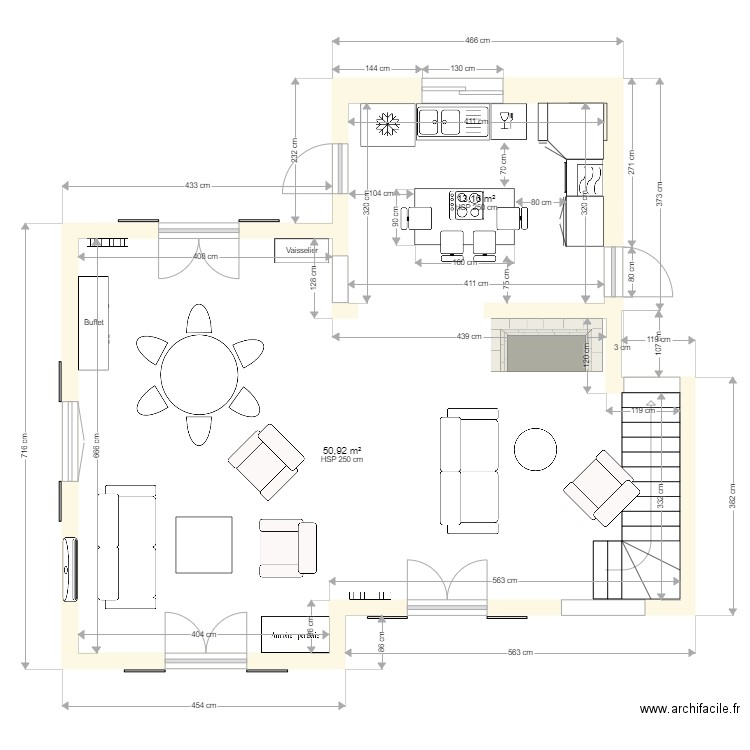 Cuisine et salon Mayac  V1. Plan de 2 pièces et 64 m2
