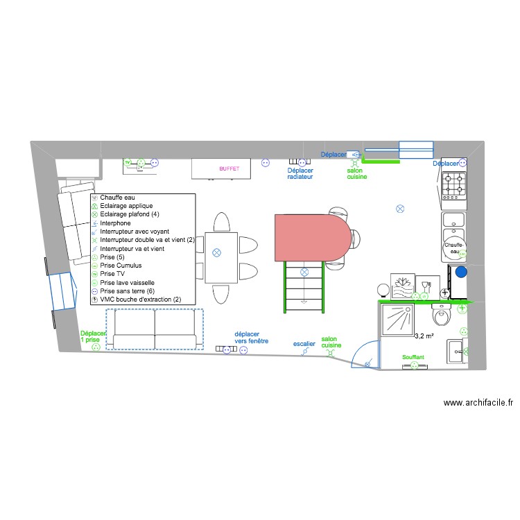 table . Plan de 2 pièces et 44 m2