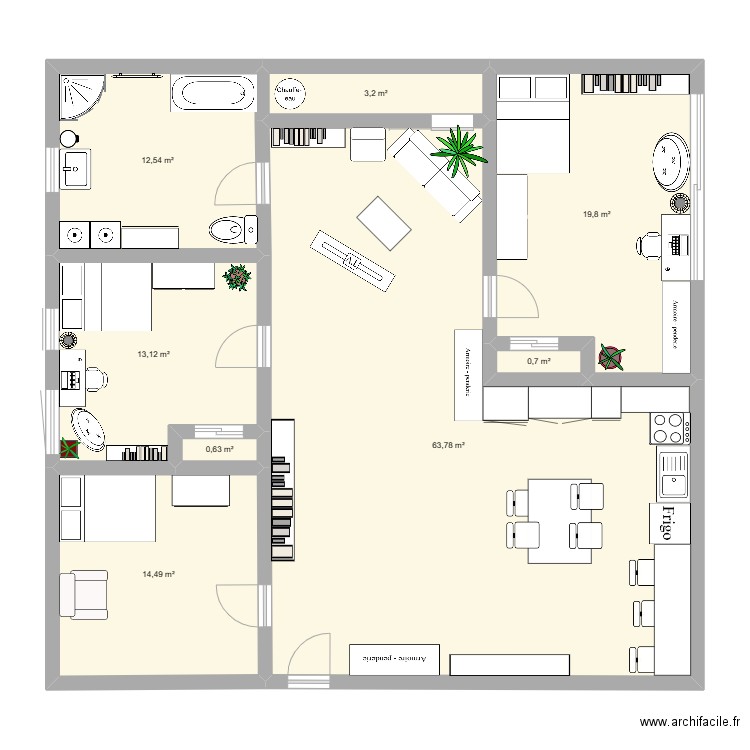 apart pour 3. Plan de 8 pièces et 128 m2