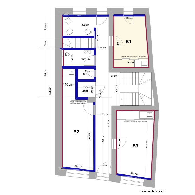 PROJET   RDC  placo escalier cave. Plan de 2 pièces et 18 m2