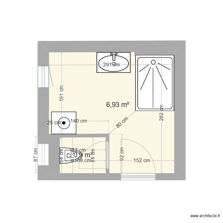 trellu sdb. Plan de 2 pièces et 8 m2