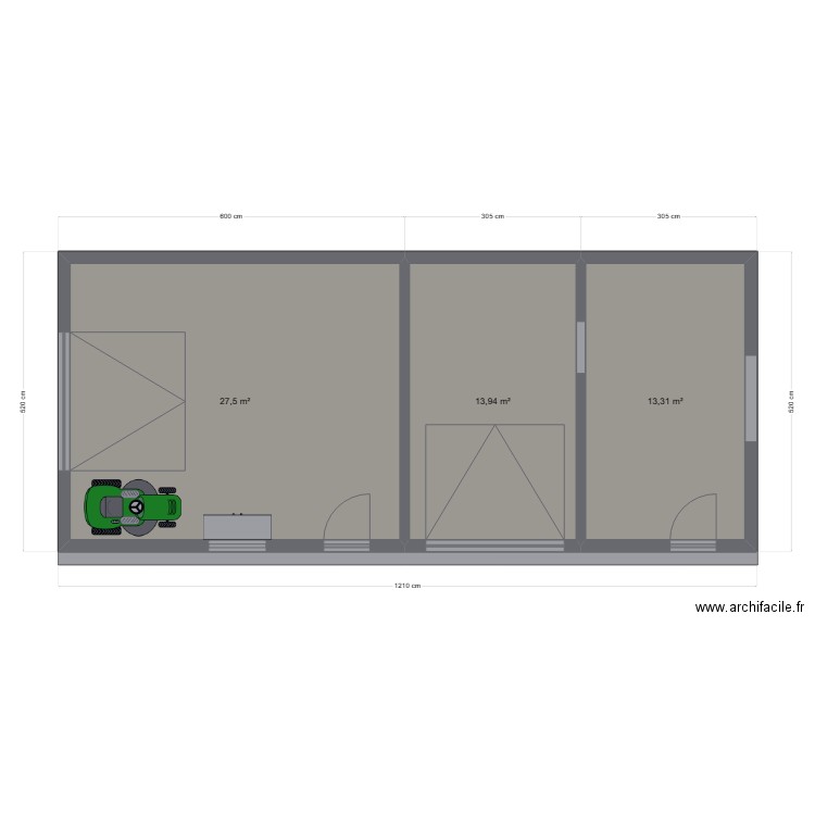 garage. Plan de 3 pièces et 55 m2