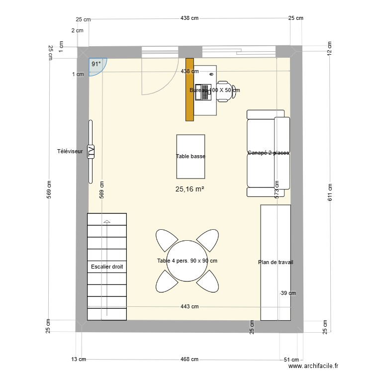 pitou rdc aménagé. Plan de 1 pièce et 25 m2