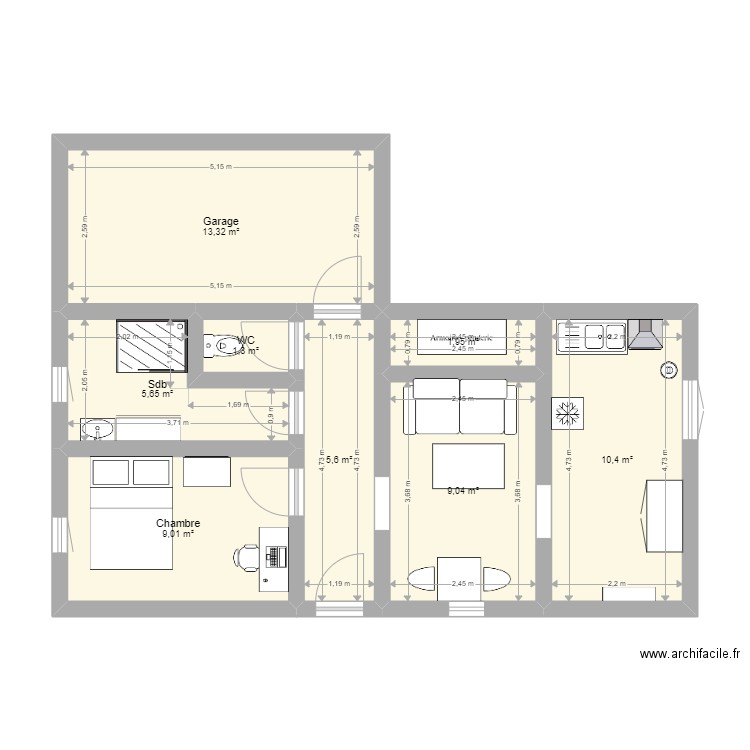 Appart1. Plan de 8 pièces et 56 m2