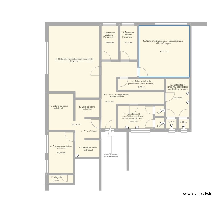 CHU de Kamenge - Service de kinésithérapie existant . Plan de 15 pièces et 295 m2