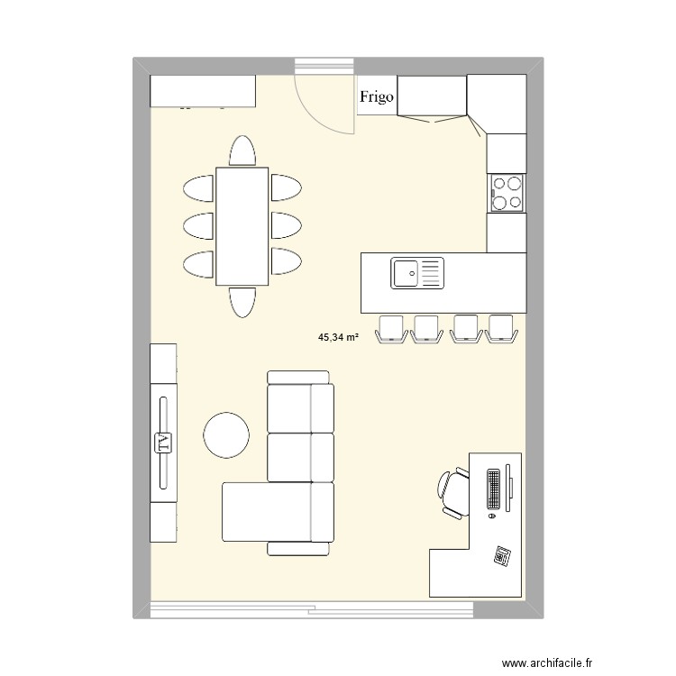 Salon option2. Plan de 1 pièce et 45 m2