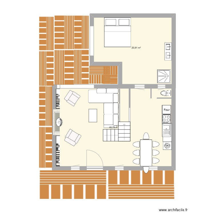 RDC PM. Plan de 2 pièces et 40 m2