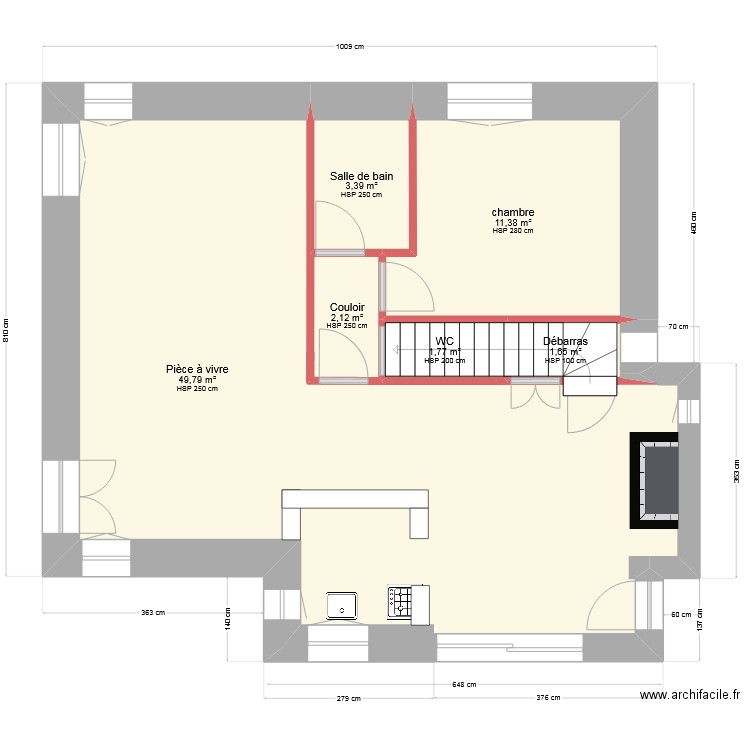 RDC A. Plan de 6 pièces et 70 m2