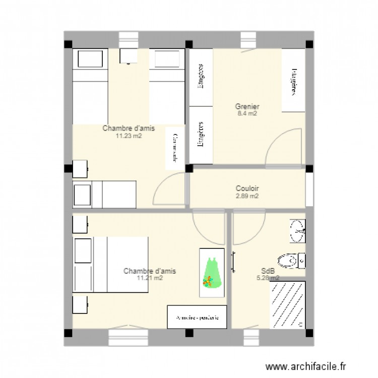 R+1 chambres d'amis trame 2x3. Plan de 5 pièces et 39 m2