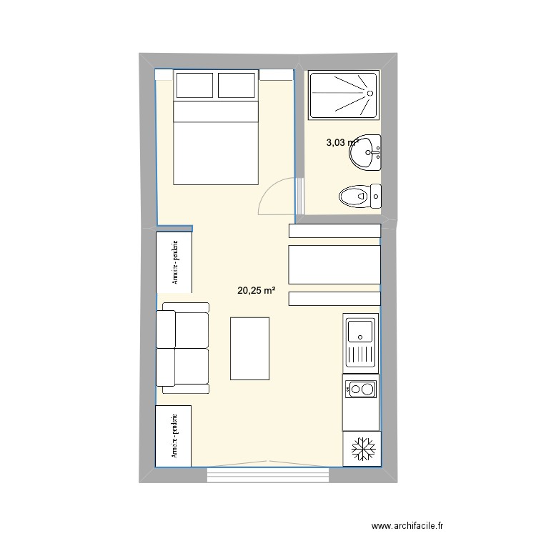 Plan 2 studio Moulin. Plan de 2 pièces et 23 m2