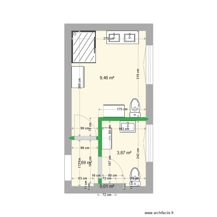 SDB. Plan de 4 pièces et 15 m2