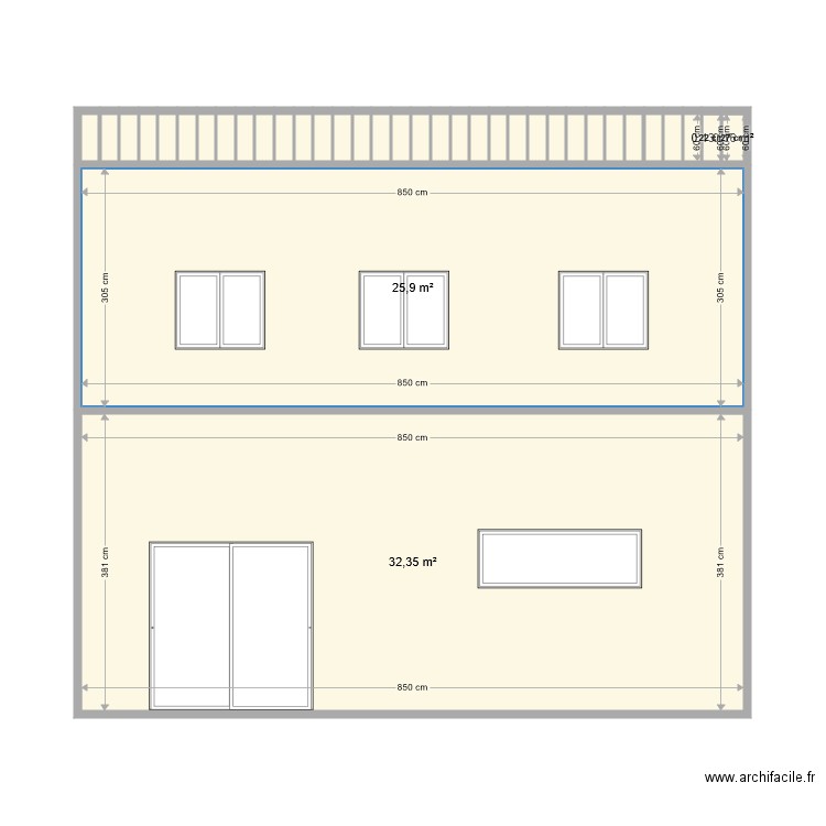 Façade jardin. Plan de 36 pièces et 63 m2