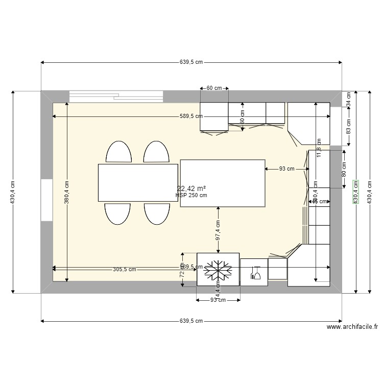 PLAN CUISINE HABITATION BAS. Plan de 1 pièce et 22 m2