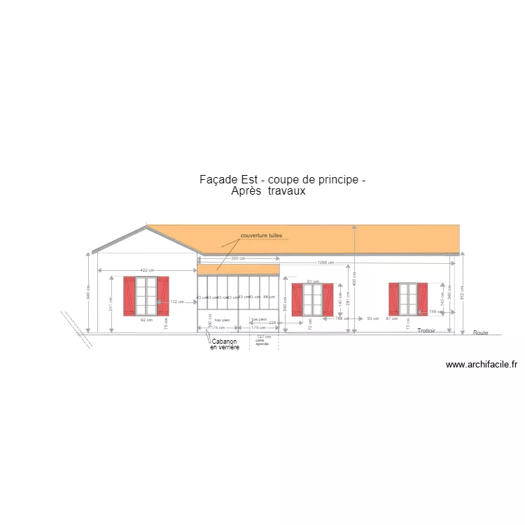coupe fa&ccedil;ade est  apr&egrave;s travaux. Plan de 