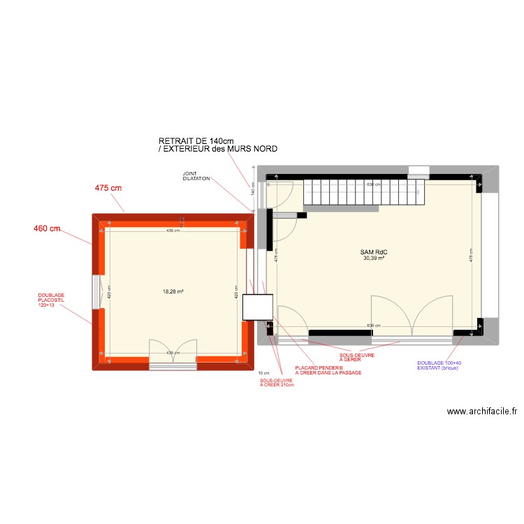 EXTENSION (cuisine) + SàM RdC cotés pour gros oeuvre BASTIDON. Plan de 2 pièces et 49 m2