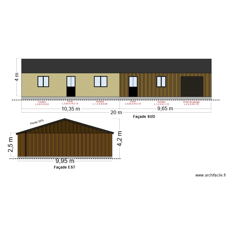 PCMI 5 : Plan de facades et toiture (SUD et EST). Plan de 0 pièce et 0 m2
