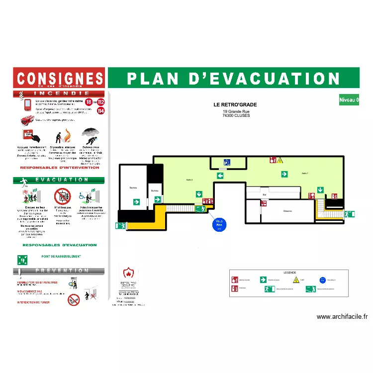 Plan d'&eacute;vacuation LE RETRO'GRADE. Plan de 14  et 191 m²
