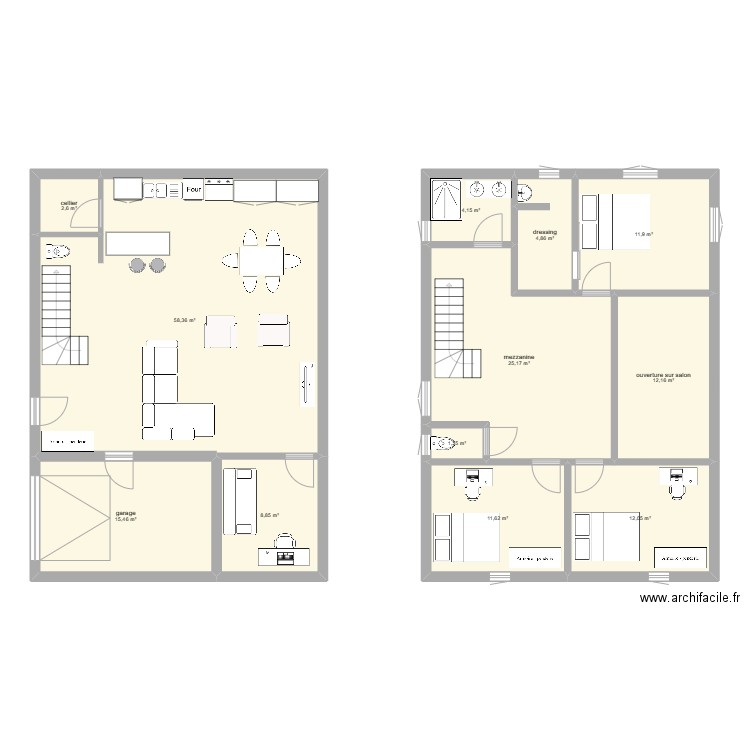 Plan maison avec R1 et mezzanine. Plan de 12 pièces et 169 m2