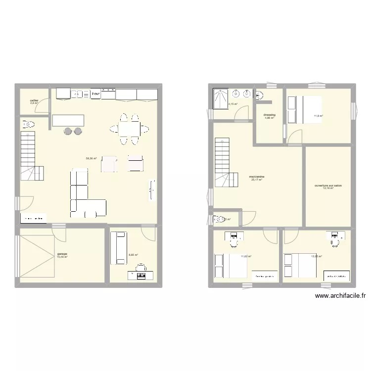 Plan maison avec R1 et mezzanine. Plan de 