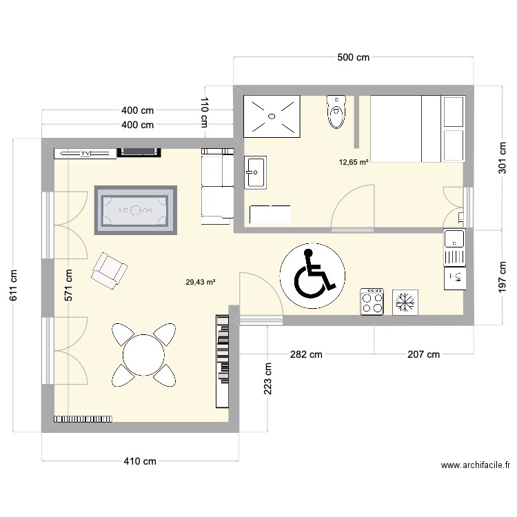 Maison handicap . Plan de 2 pièces et 42 m2