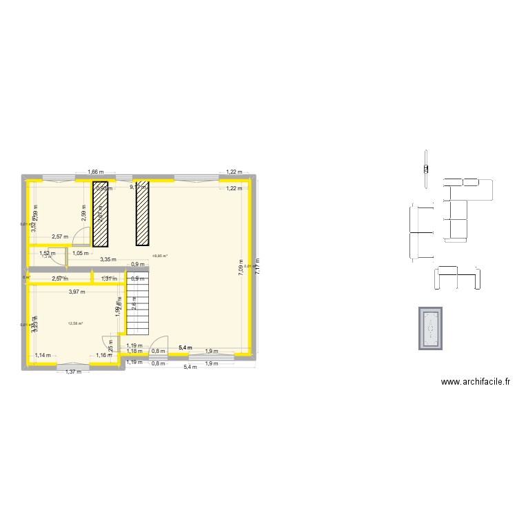1ER. Plan de 9 pièces et 65 m2