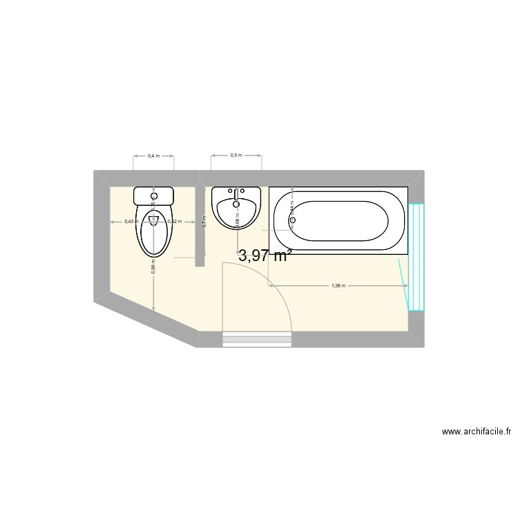 Salle de bain V2. Plan de 1 pièce et 4 m2