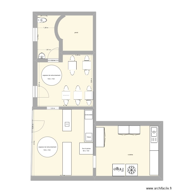 dclick pizza apres. Plan de 4 pièces et 65 m2