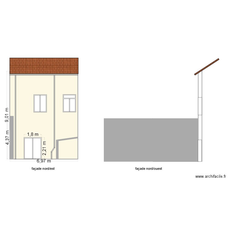 plan façade avant. Plan de 2 pièces et 61 m2