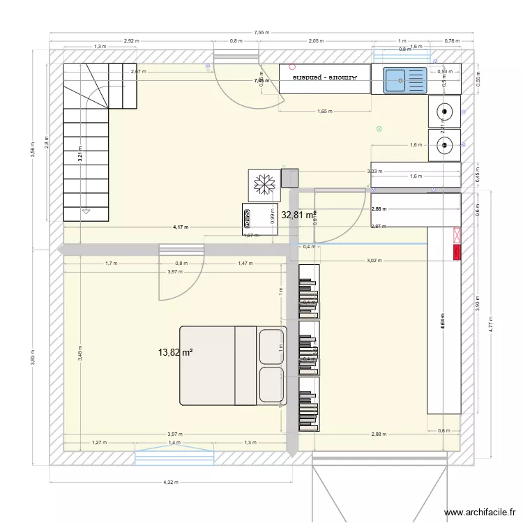 sous sol. Plan de 2 Pièces et 47 m²