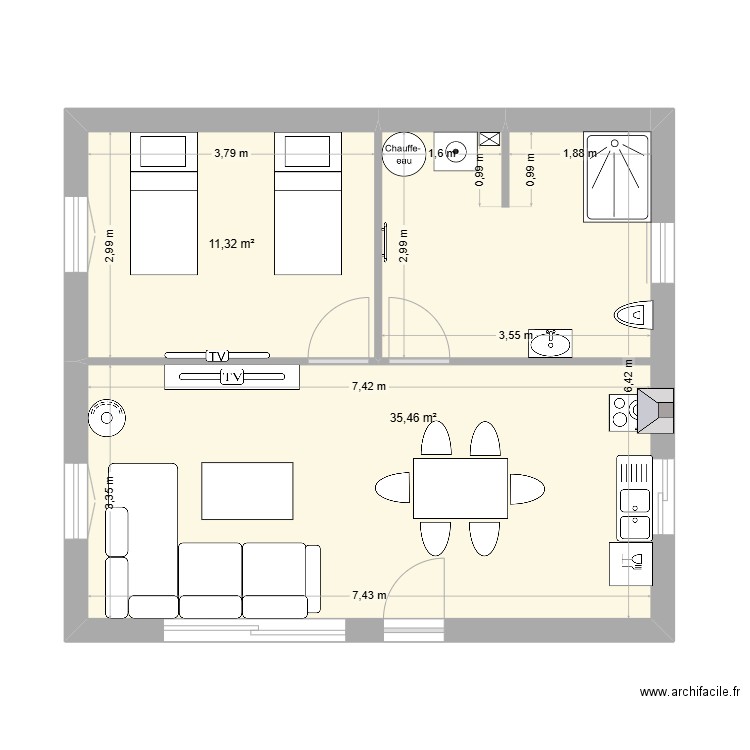 maison 56m². Plan de 2 pièces et 47 m2