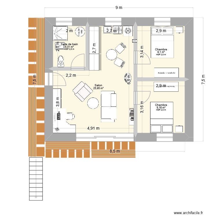 Maison puit coquin 1. Plan de 4 pièces et 49 m2