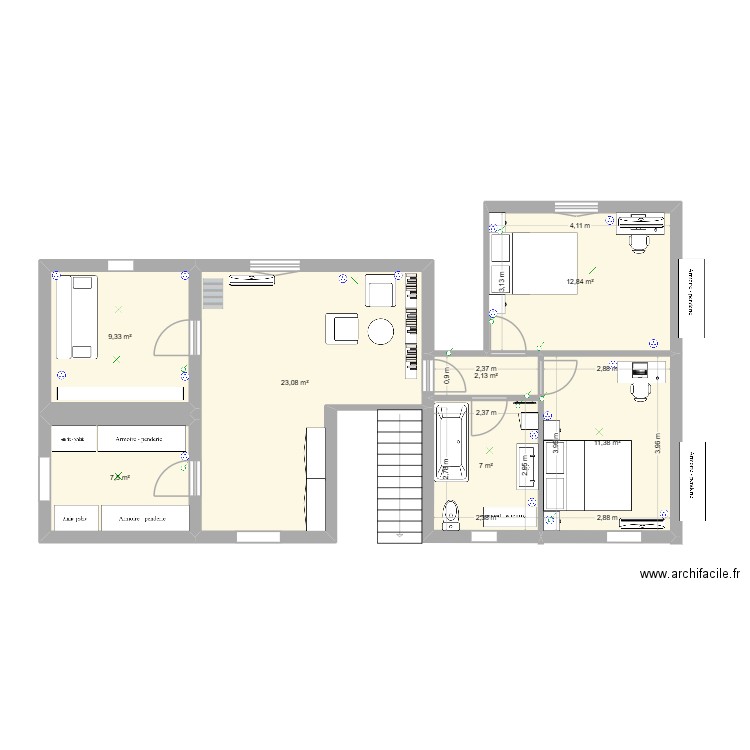 etage complet derniere version. Plan de 7 pièces et 73 m2
