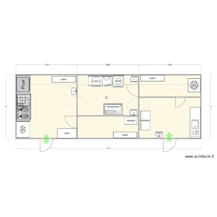 container pour atelier BANANE 092025. Plan de 5 pièces et 44 m2