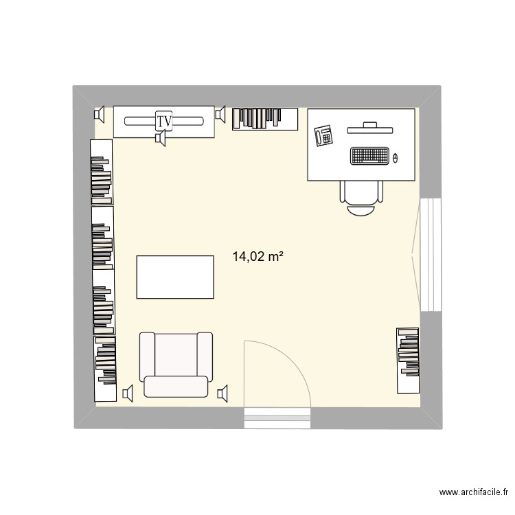 Chambre geek. Plan de 1 pièce et 14 m2