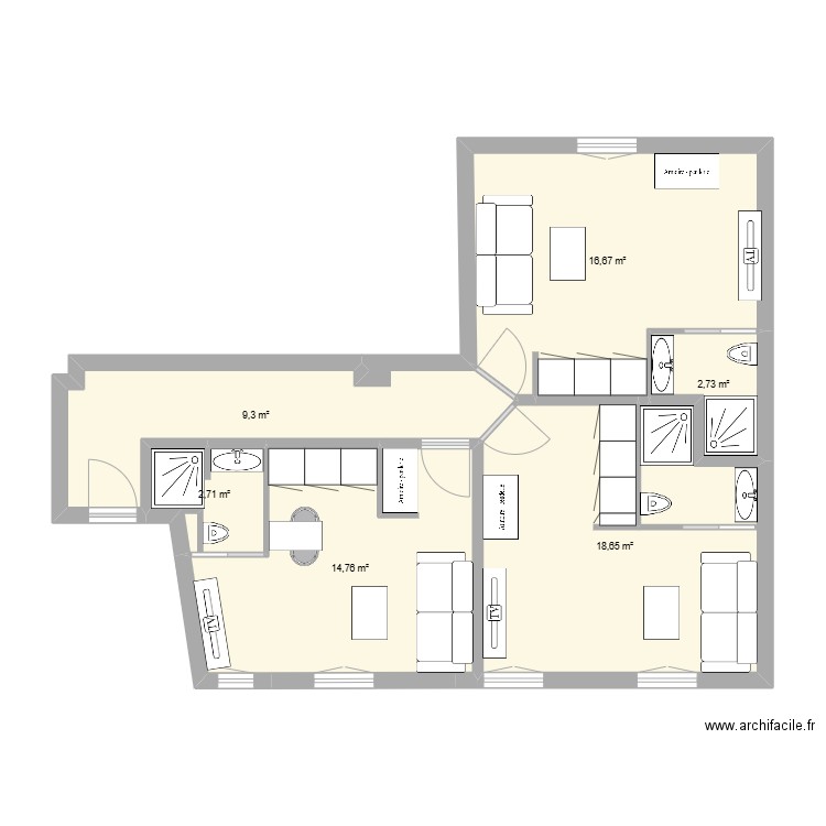 vernier 3 x studio. Plan de 6 pièces et 65 m2