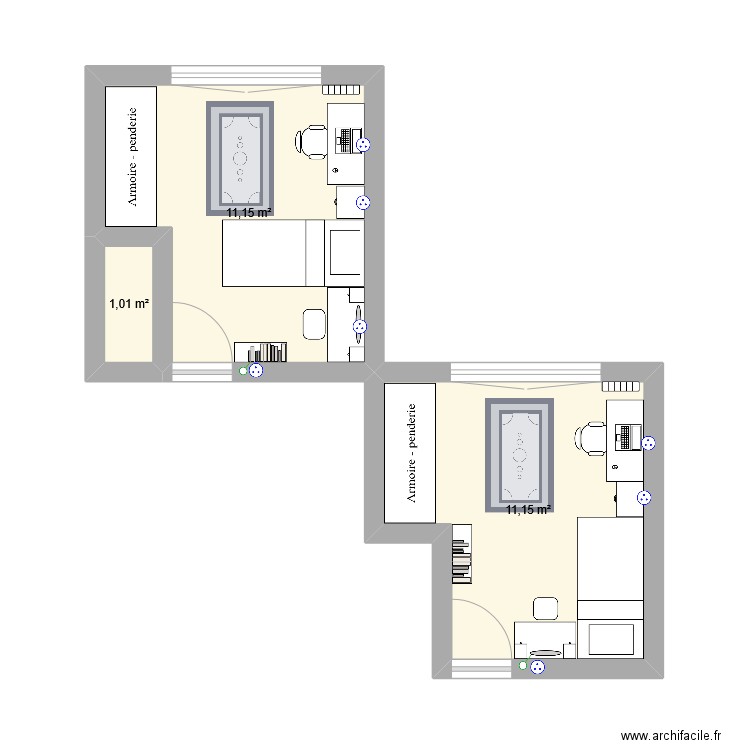 Chambre Maéline. Plan de 3 pièces et 23 m2