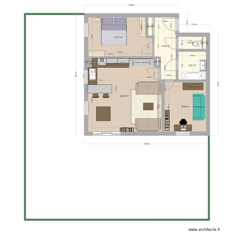 Appartement LL 1ère version. Plan de 10 pièces et 61 m2