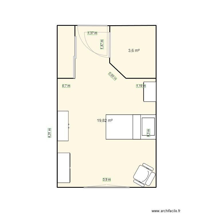 Chambre beaupré lalande. Plan de 3 pièces et 25 m2