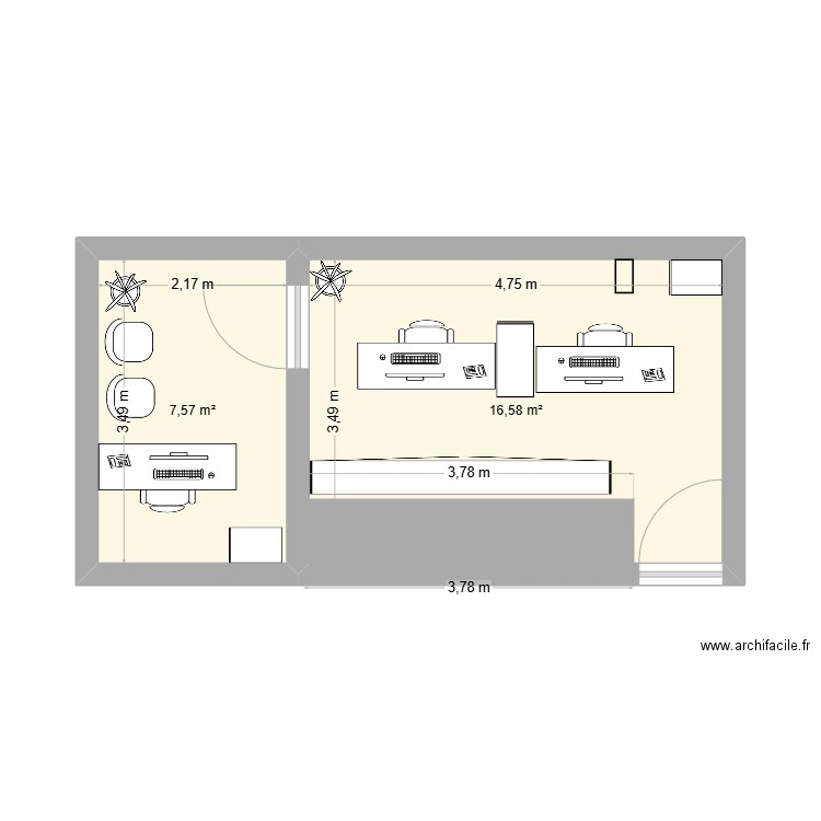 Bureau RH. Plan de 2 pièces et 24 m2