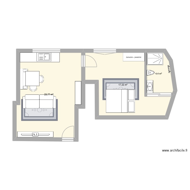 T2- 40m²_ Chelles_ projection. Plan de 3 pièces et 46 m2
