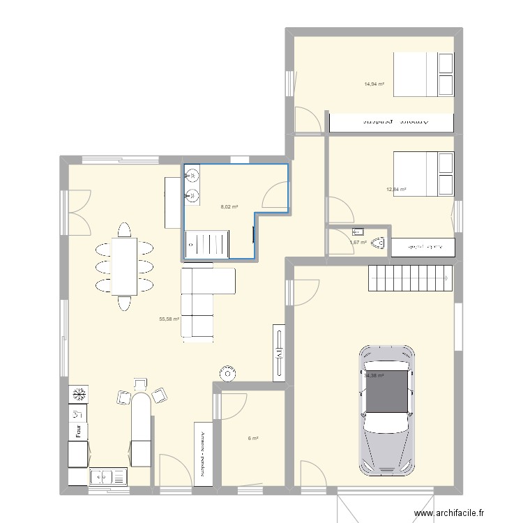 maison en L. Plan de 7 pièces et 133 m2
