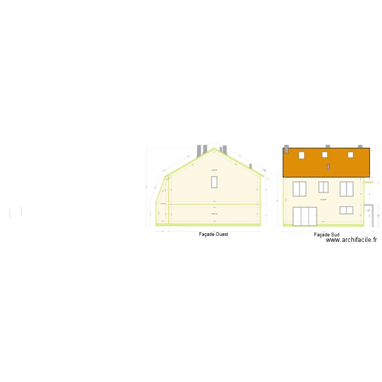 Plan de facade et toiture. Plan de 4 pièces et 113 m2