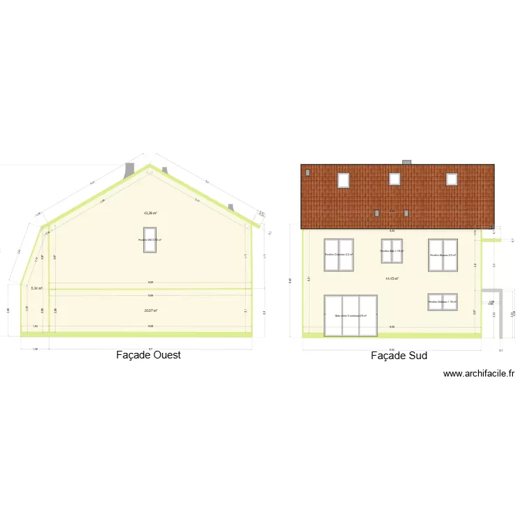 Plan de facade et toiture. Plan de 4  et 113 m²