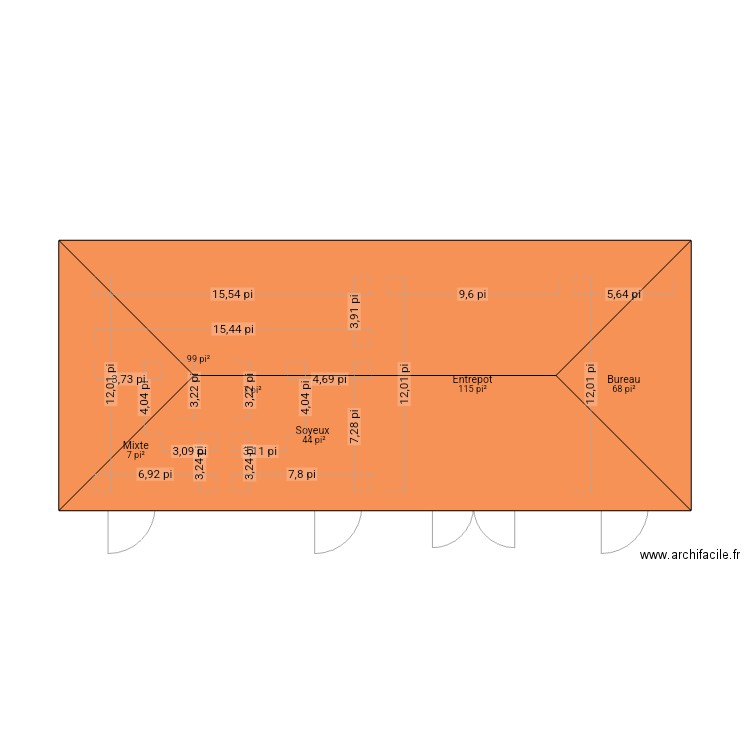 Batiment actuel modifier avec toit. Plan de 6 pièces et 32 m2