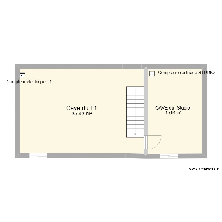 CAVE sous le studio et le T1. Plan de 2 pièces et 51 m2