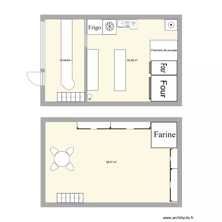 Boulangerie. Plan de 3  et 73 m²