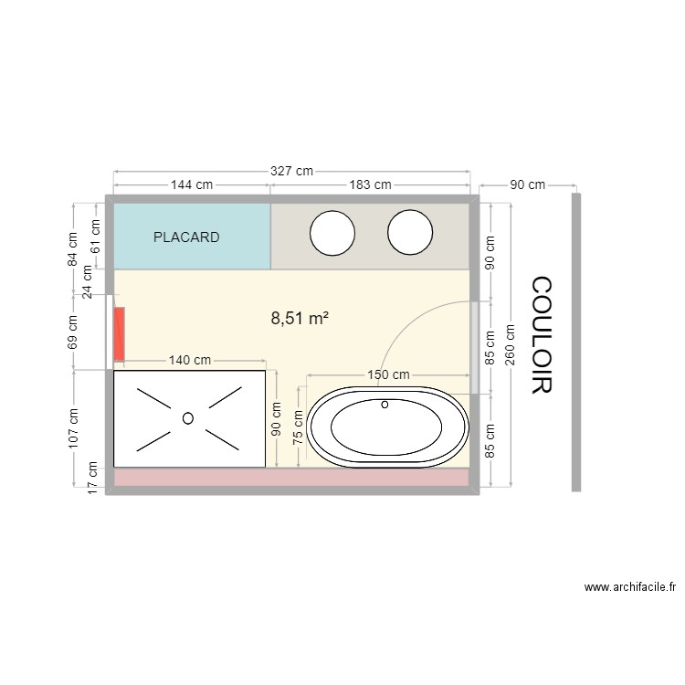 SDB CELIA. Plan de 1 pièce et 9 m2